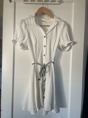 Blush White Collared Button-Front Short Sleeve Dress with Tie Waist